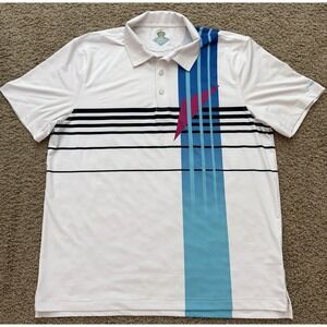 Chubbies Golf Polo Shirt Mens White Blue Striped  Moisture Wick Retro Size Large